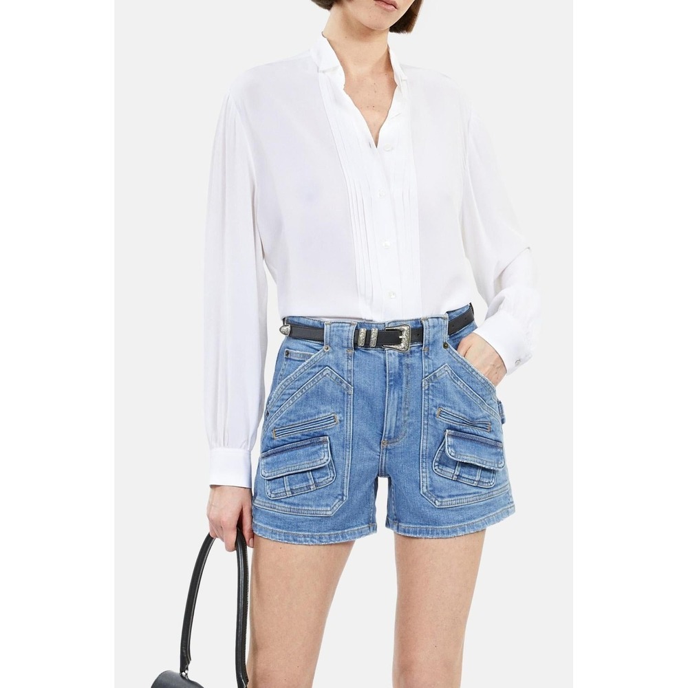 NWT The Kooples Ecru Silk Shirt Pleated Tuxedo Blouse White Large